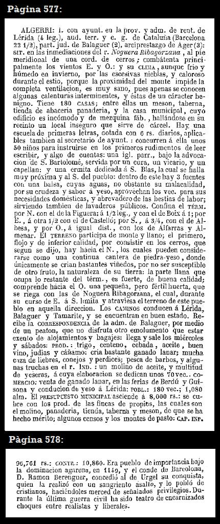 Estracte de les pàgines 577 i 578 de l'obra de Madoz de 1846 en les que es parla d'Algerri